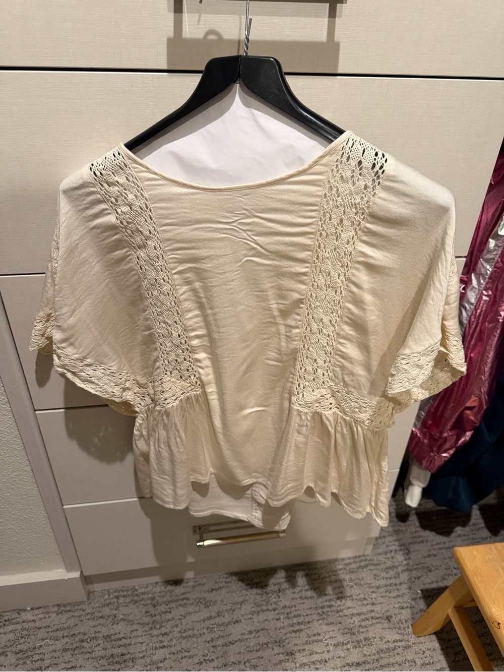 The Biz USA Chaser Women's Cream Crochet-Trim Short Sleeve Top like Free People